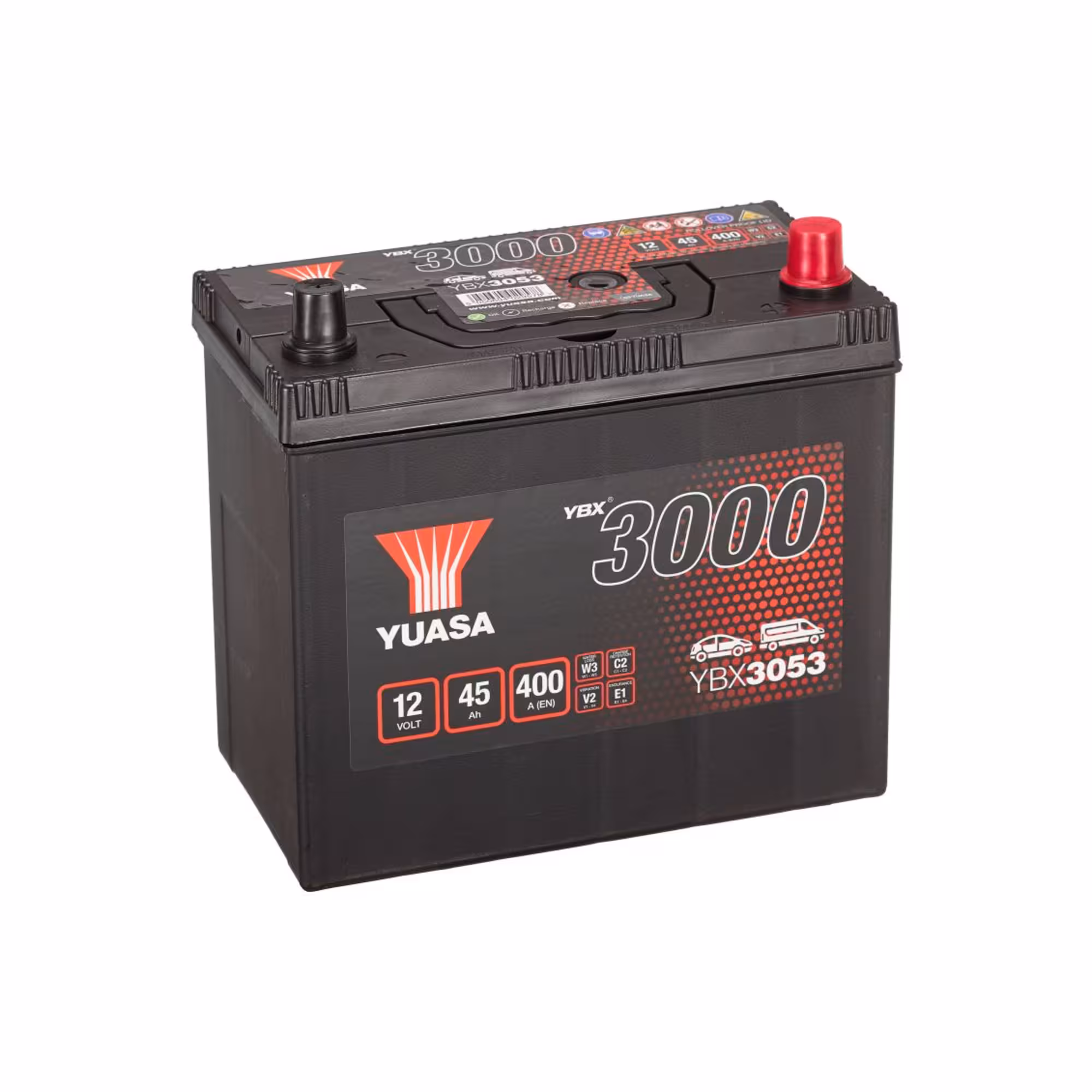 Batterie voiture yuasa ybx3053 12v 45ah 400a +droite 1