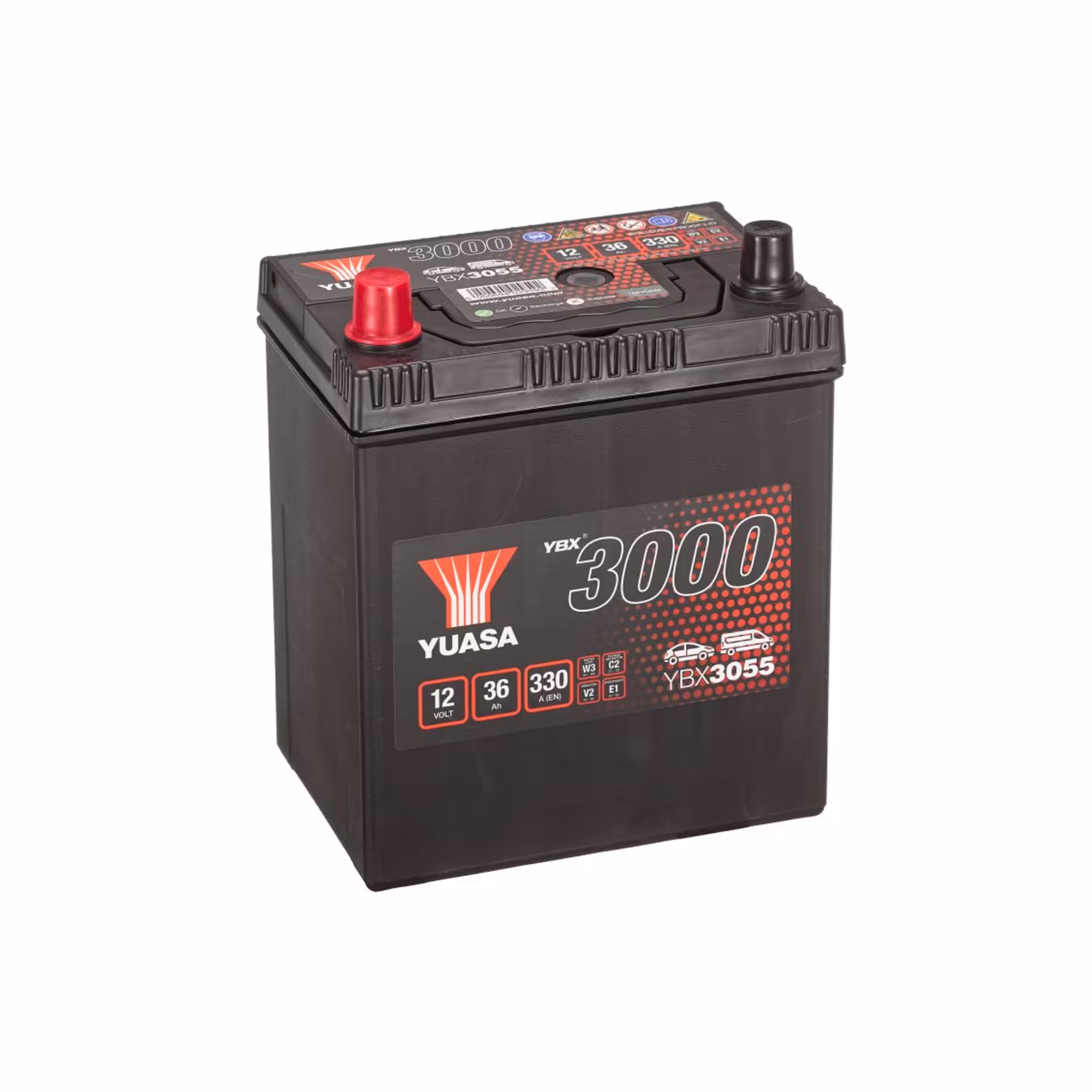 Batterie voiture yuasa ybx3055 12v 36ah 330a +gauche 1