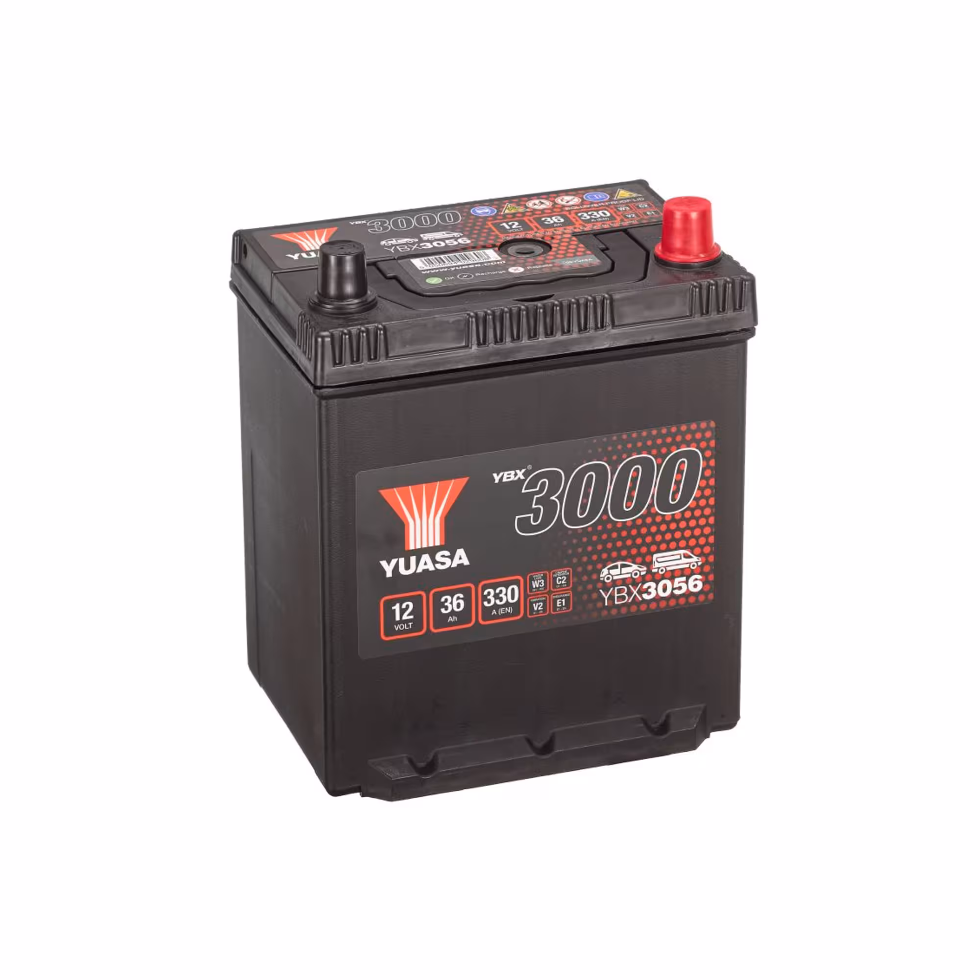 Batterie voiture yuasa ybx3056 12v 36ah 330a +droite 1