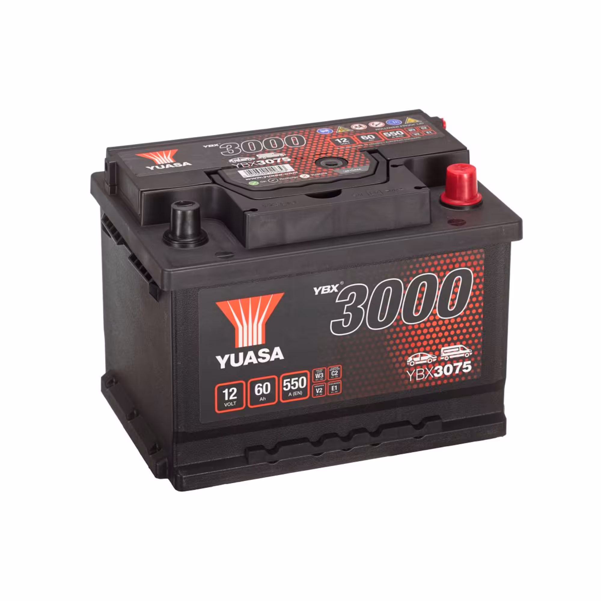 Batterie voiture yuasa ybx3075 12v 60ah 550a taille basse +droite 1