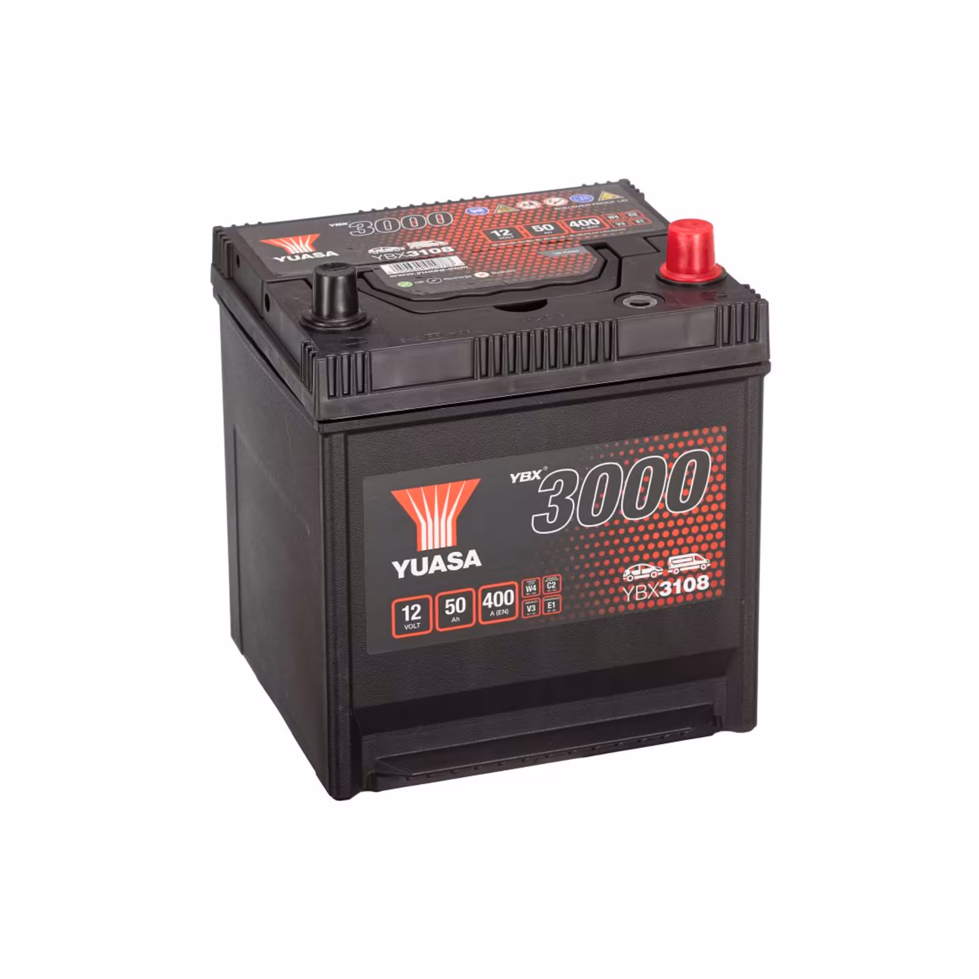 Batterie voiture yuasa ybx3108 12v 50ah 400a +droite 1