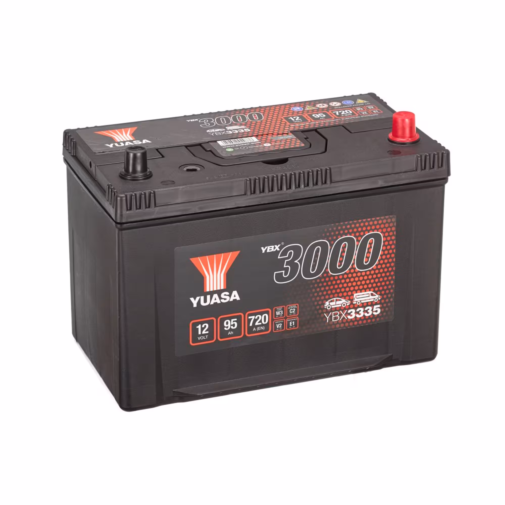 Batterie voiture yuasa ybx3335 12v 95ah 720a +droite 1