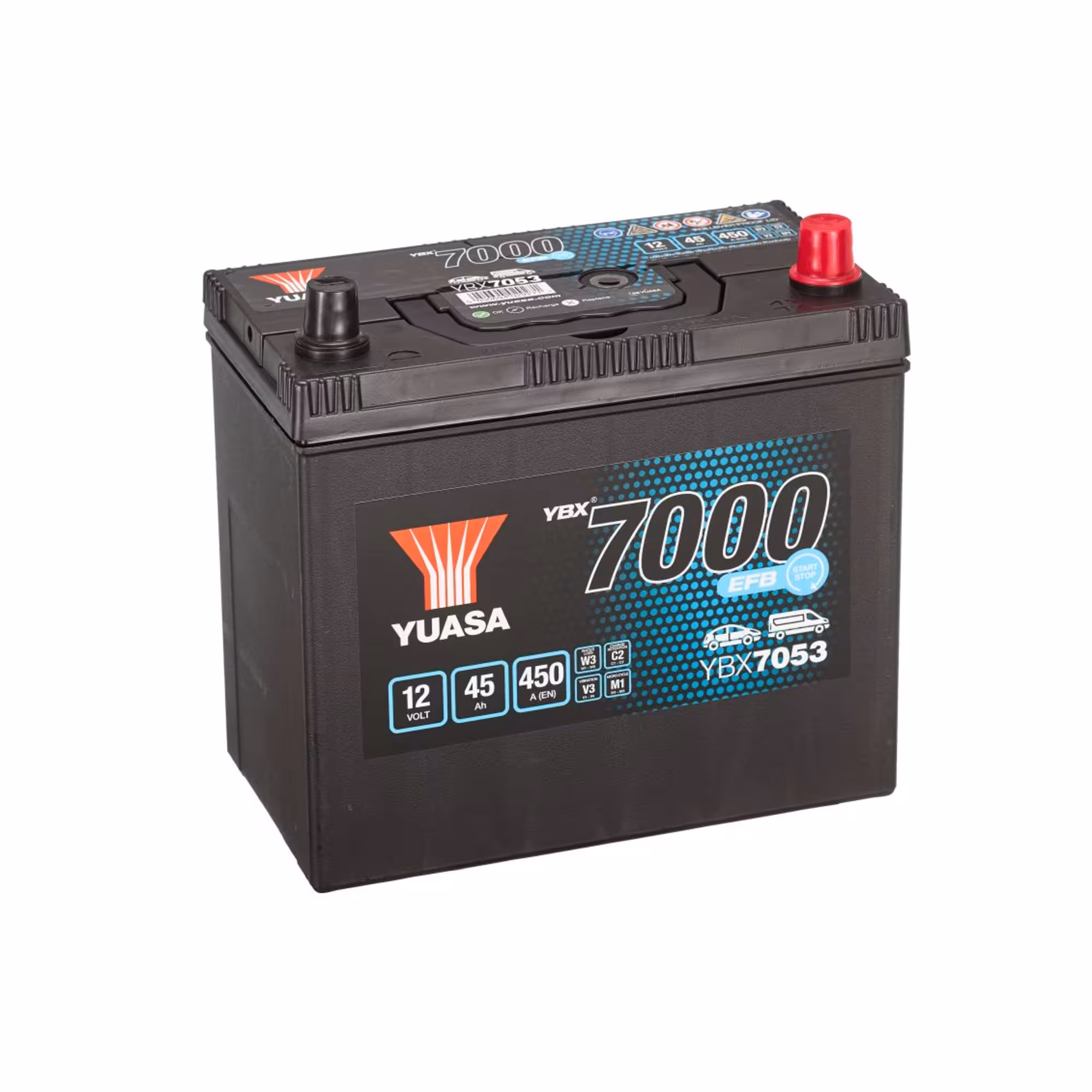 Batterie voiture yuasa ybx7053 efb 12v 45ah 450a +droite haut de gamme 1