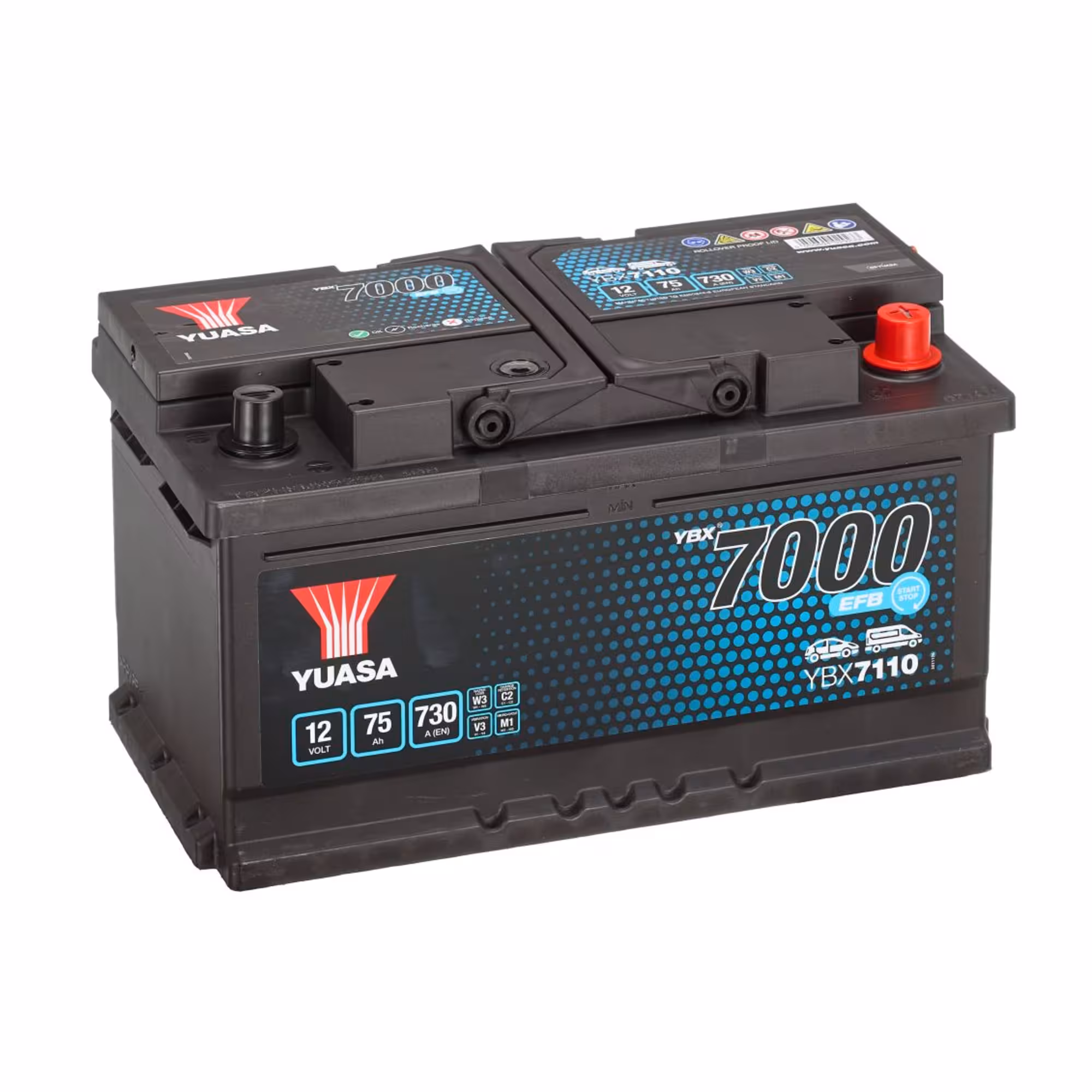 Batterie Yuasa YBX7110 EFB 12V 75Ah 730A Taille Basse, + à Droite