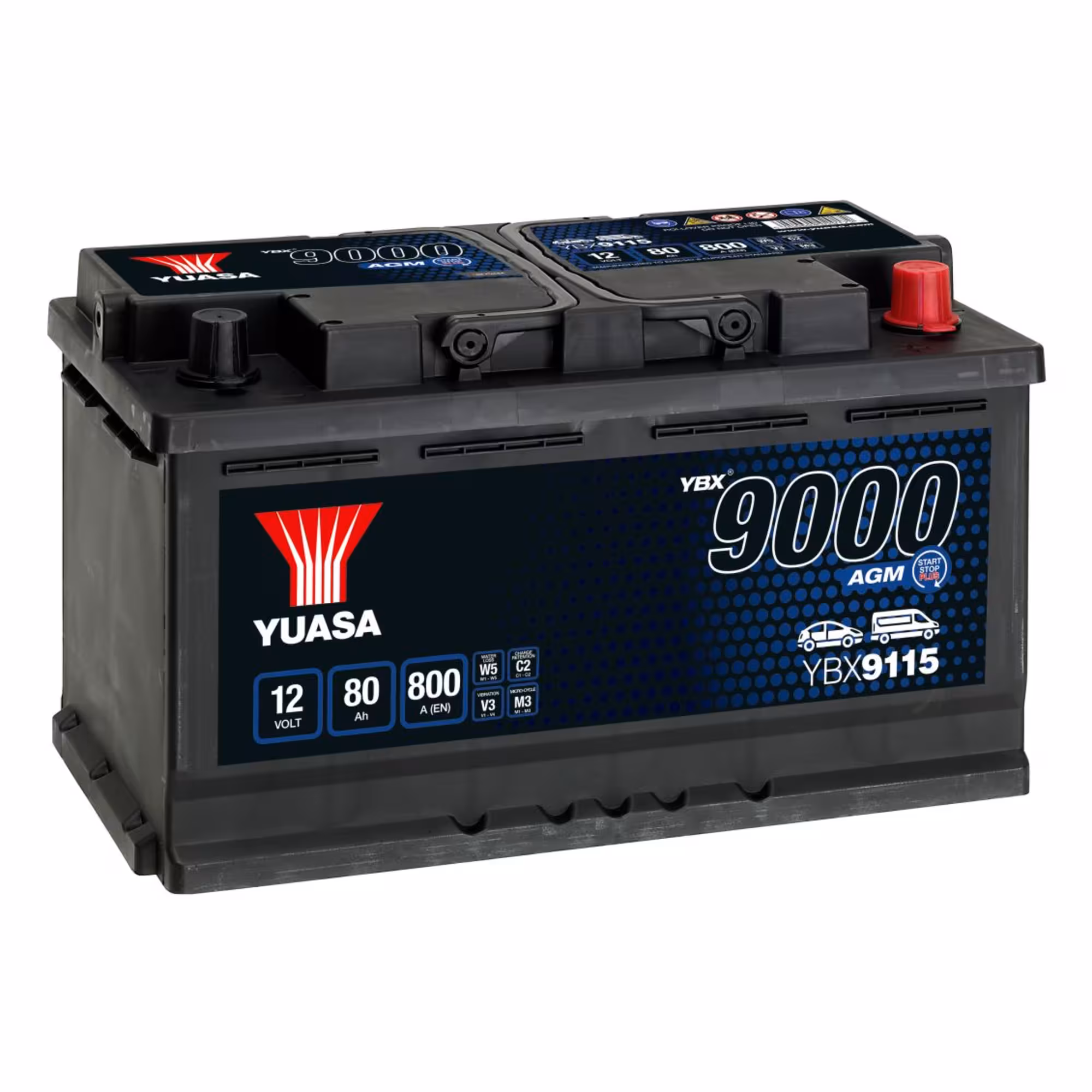 Batterie voiture yuasa ybx9115 agm 12v 80ah 800a+droite 1